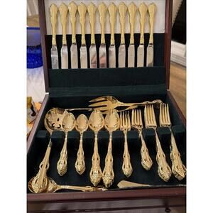 Towle King Arthur Gold Electroplate Flatware 64 Pc Set w/ Case Service 12